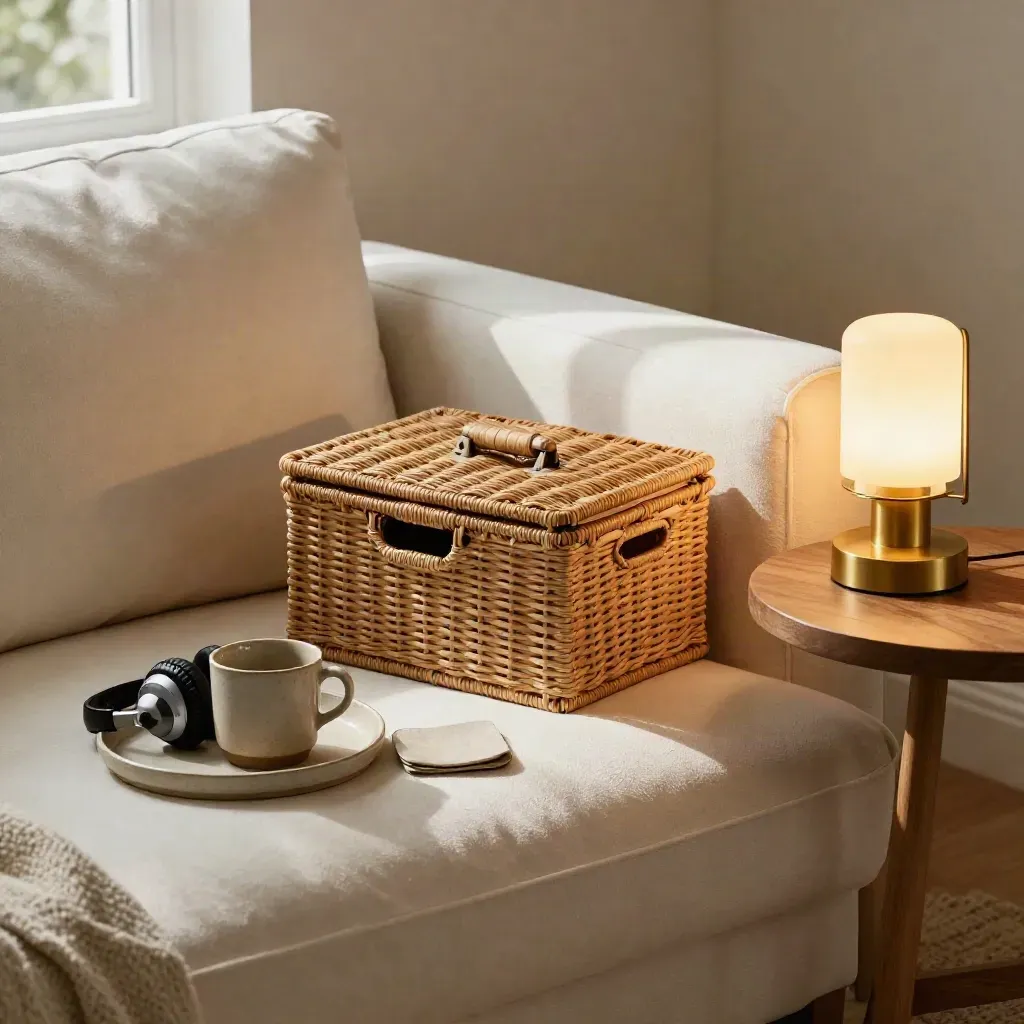 Lugn kvällshörna vid soffan med stängd läxkorg, tekopp, hörlurar och tänd lampa.