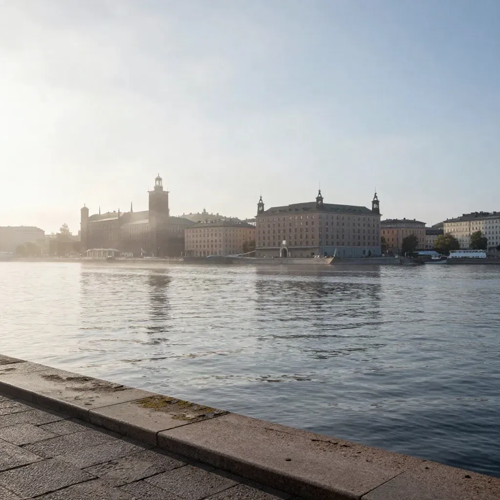 Stockholms stadshus högt i dimma över lugnt vatten i morgonljus