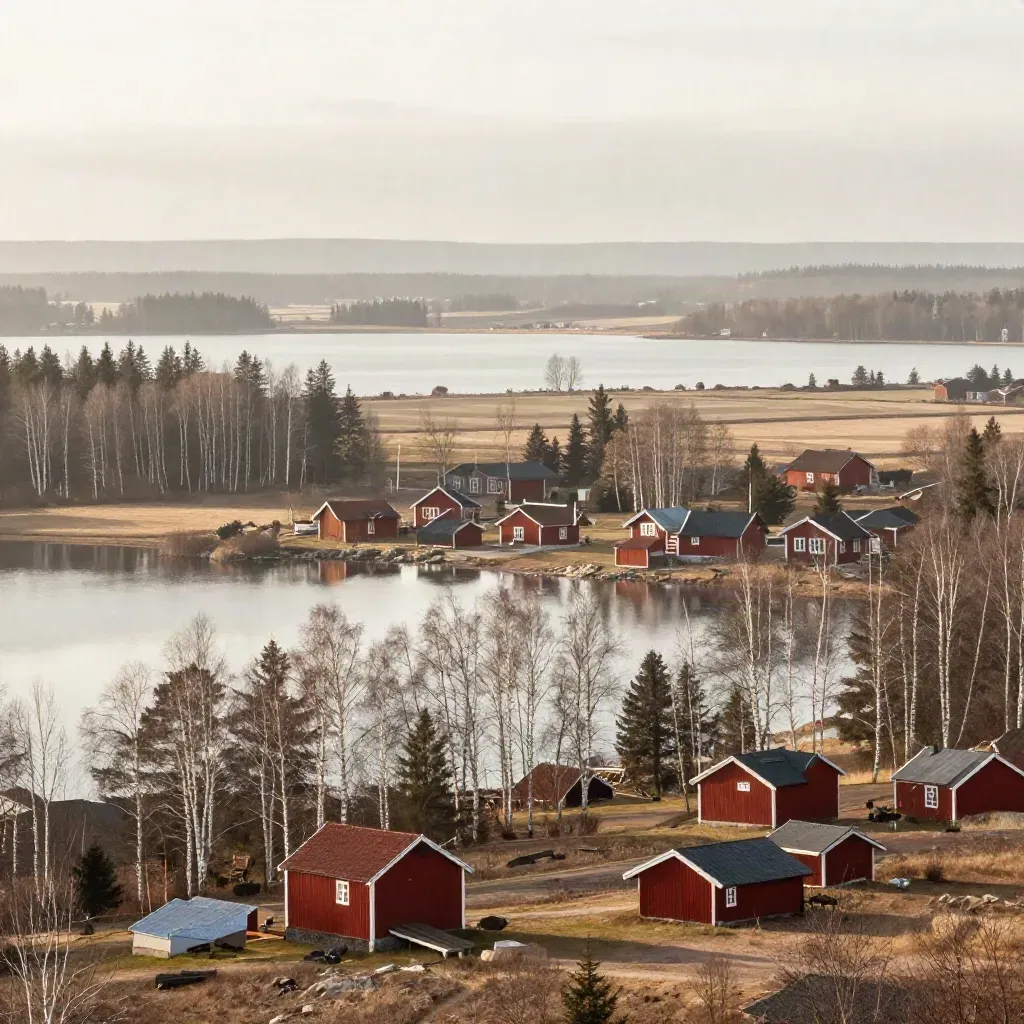 Svenskt landskap med skog, stilla sjöar och röda timmerhus i mjuk dimma